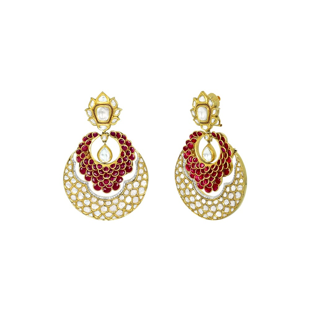 Red Stone Pachi Chandbali Earrings with Polkis